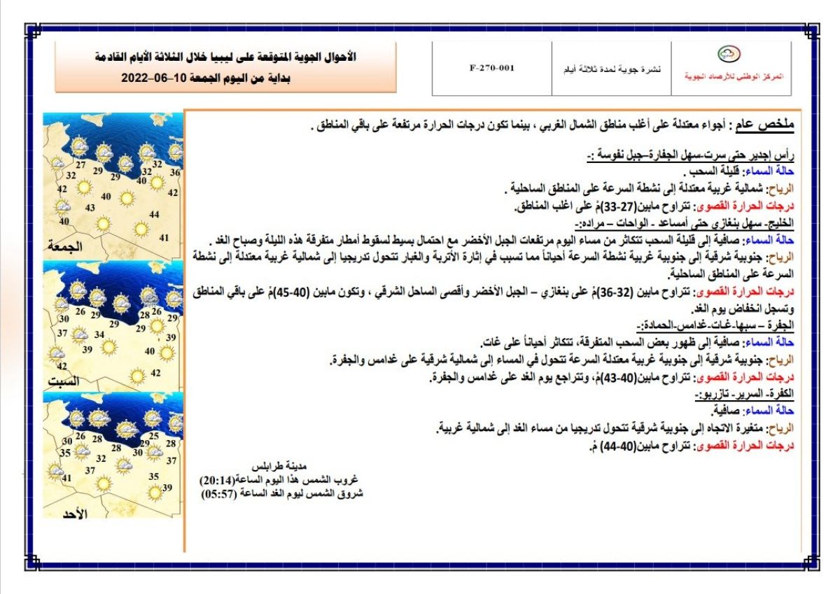 النشرة الجوية ليوم الجمعة الموافق 10 – 06 – 2022 الصادرة عن المركز الوطني للأرصاد الجوية