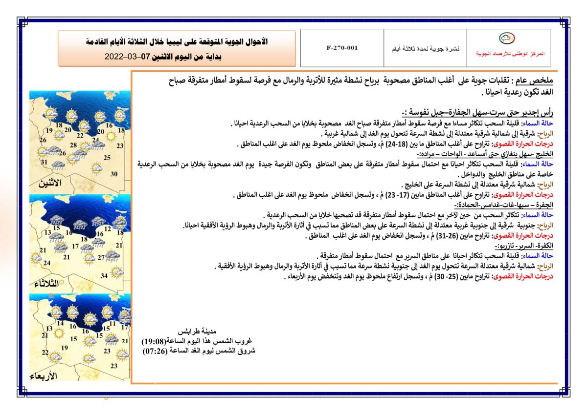 النشرة الجوية ليوم الاثنين الموافق 07 – 03 – 2022 الصادرة عن المركز الوطني للأرصاد الجوية