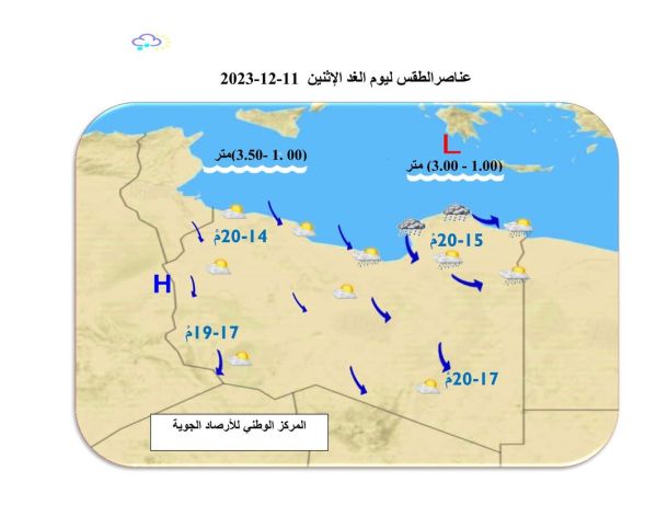 النشرة الجوية ليوم الاثنين الموافق 11– 12– 2023 الصادرة عن المركز الوطني للأرصاد الجوية