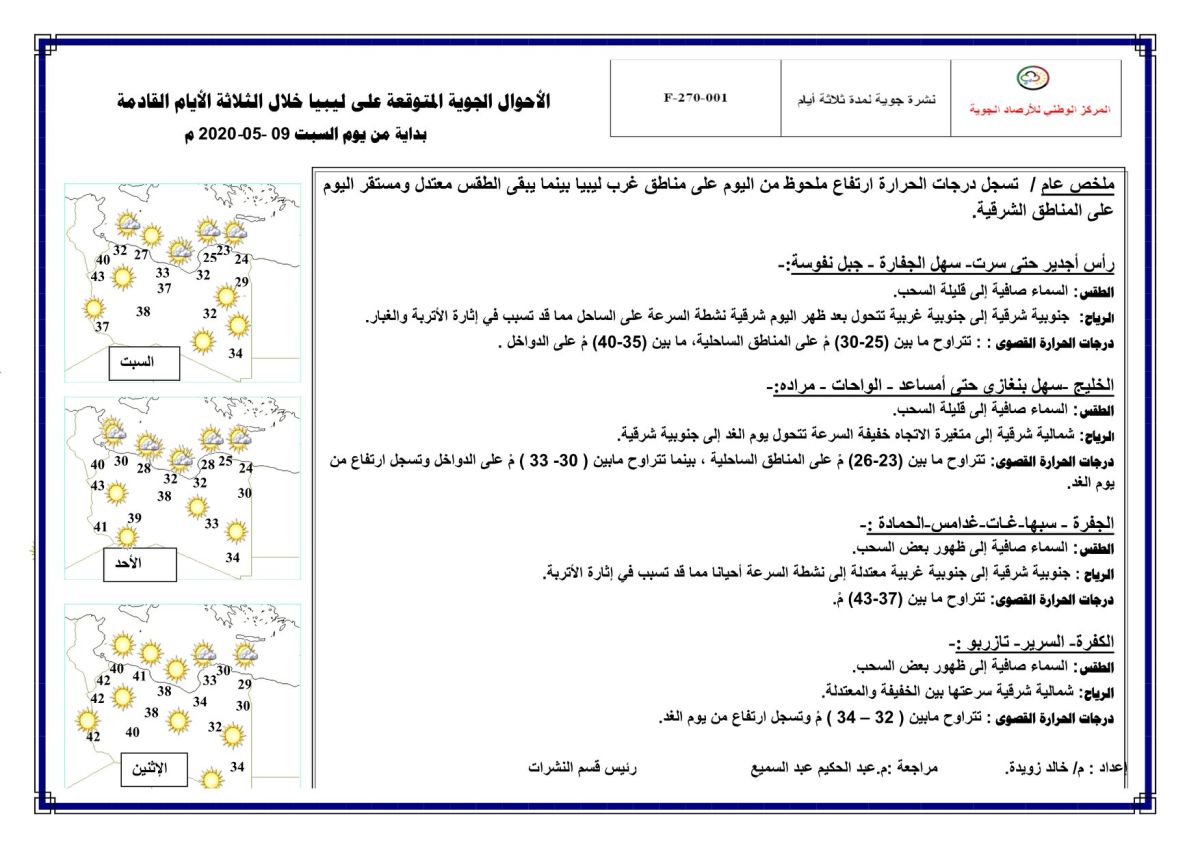 النشرة الجوية ليوم السبت الموافق 09 – 05 – 2020 الصادرة عن المركز الوطني للأرصاد الجوية