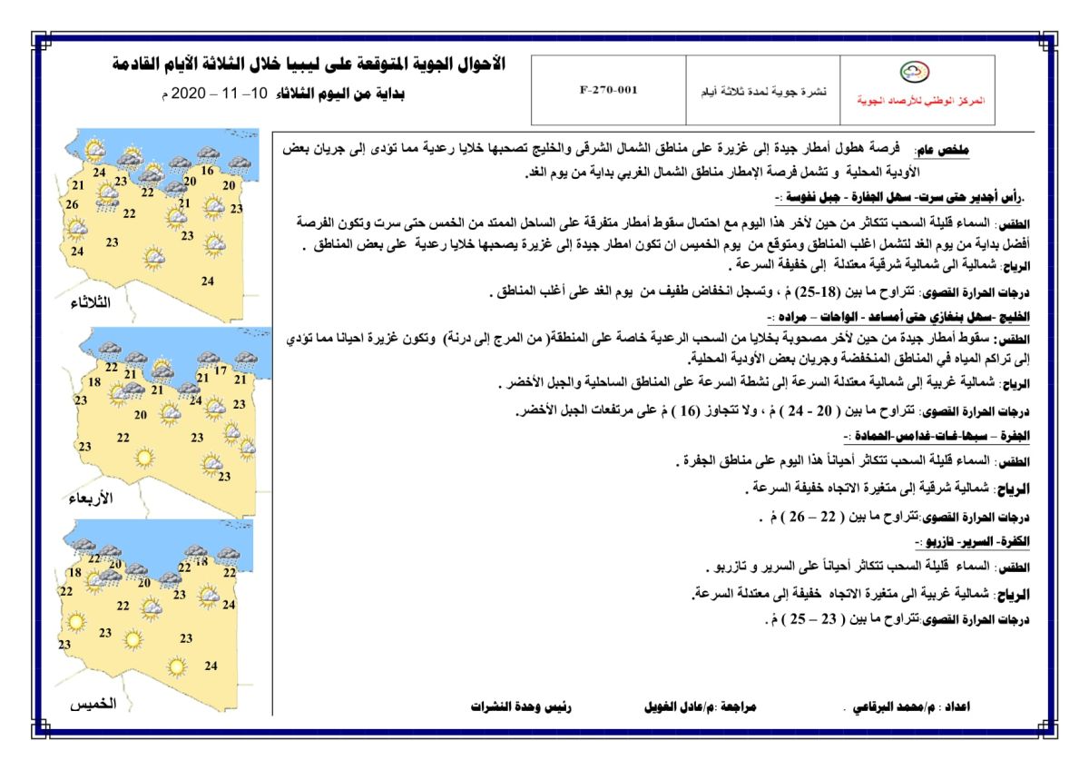 النشرة الجوية ليوم الثلاثاء الموافق 10 – 11 – 2020 الصادرة عن المركز الوطني للأرصاد الجوية