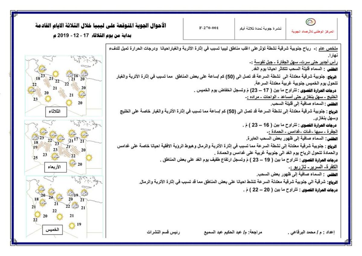 النشرة الجوية ليوم الثلاثاء الموافق 17 – 12 – 2019 الصادرة عن المركز الوطني للأرصاد الجوية