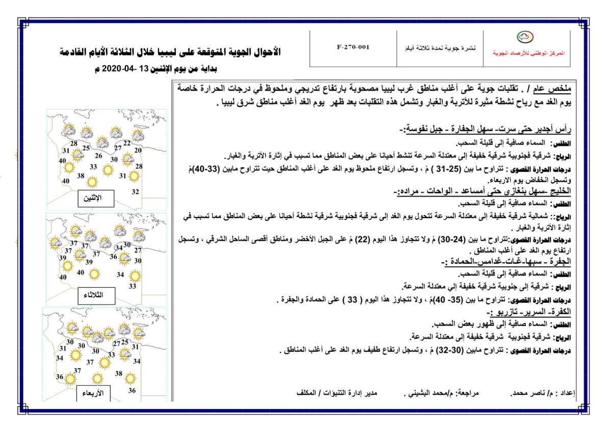 النشرة الجوية ليوم الاثنين الموافق 13 – 04 – 2020 الصادرة عن المركز الوطني للأرصاد الجوية