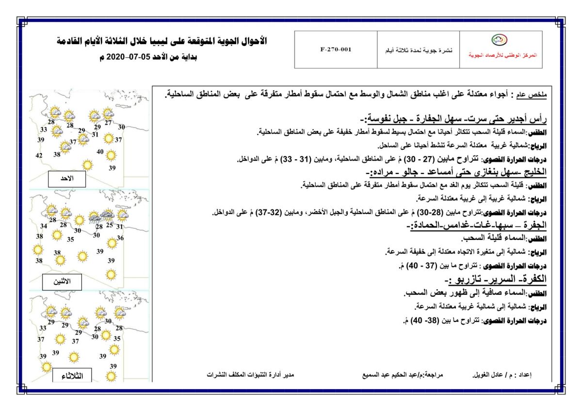 النشرة الجوية ليوم الأحد الموافق 05 – 07 – 2020 الصادرة عن المركز الوطني للأرصاد الجوية