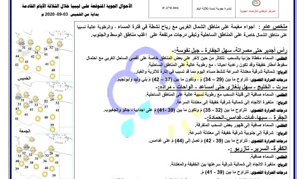 النشرة الجوية ليوم الخميس الموافق 03 – 09 – 2020 الصادرة عن المركز الوطني للأرصاد الجوية