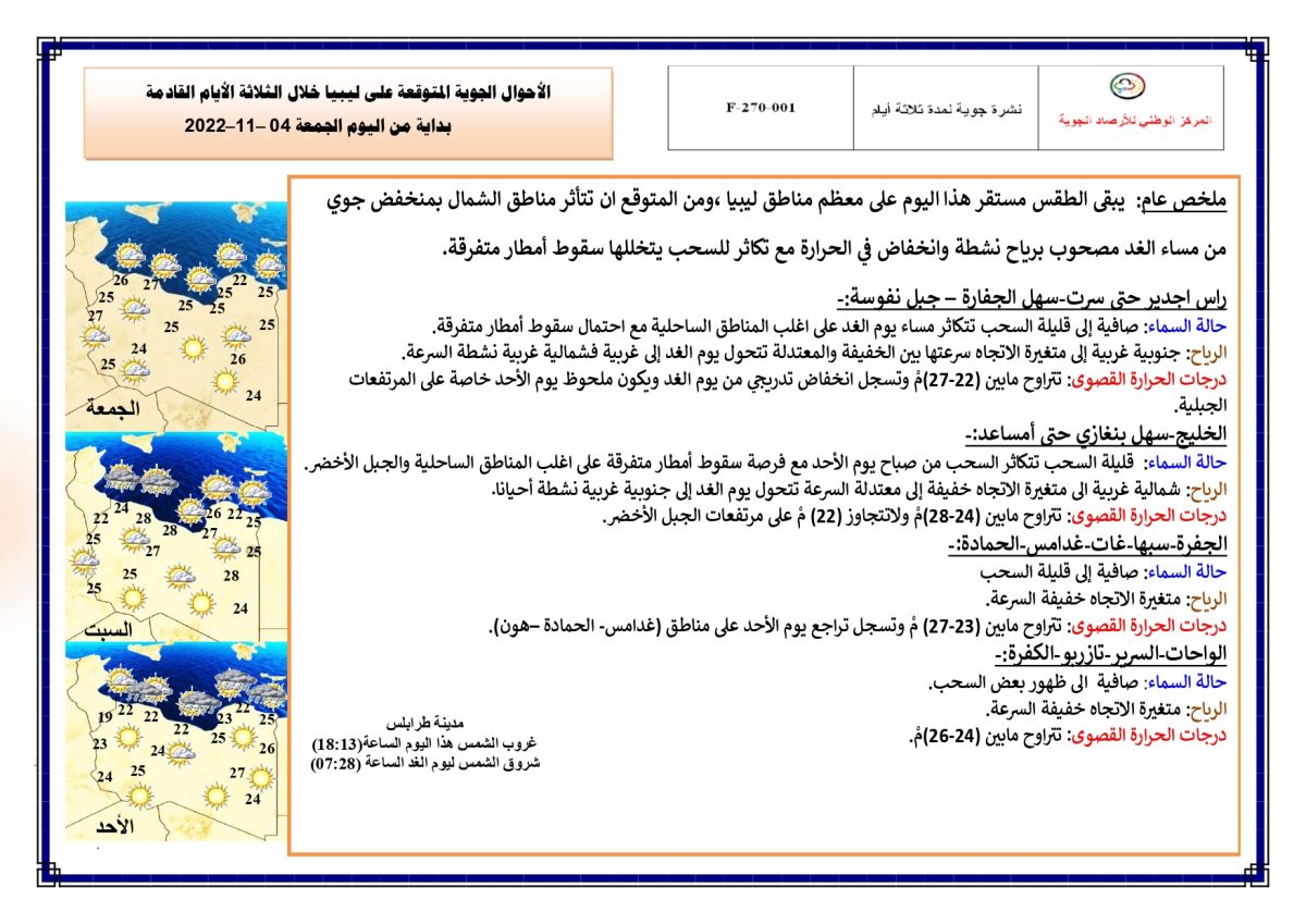 النشرة الجوية ليوم الجمعة الموافق 04 – 11 – 2022 الصادرة عن المركز الوطني للأرصاد الجوية