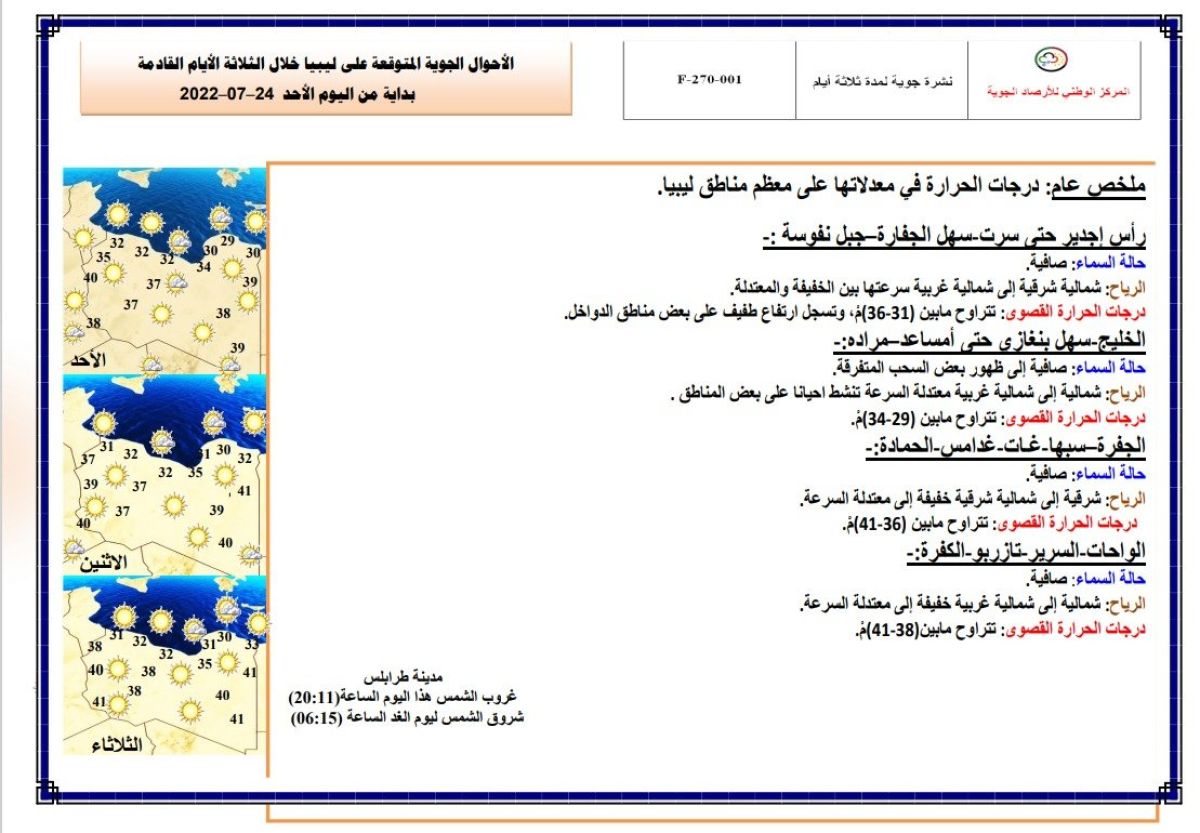 النشرة الجوية ليوم الأحد الموافق 24– 07 – 2022 الصادرة عن المركز الوطني للأرصاد الجوية