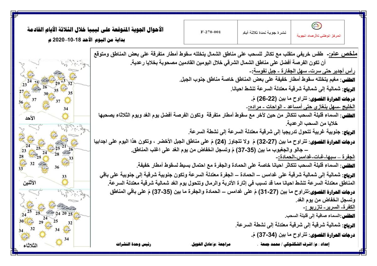 النشرة الجوية ليوم الأحد الموافق 18 – 10 – 2020 الصادرة عن المركز الوطني للأرصاد الجوية