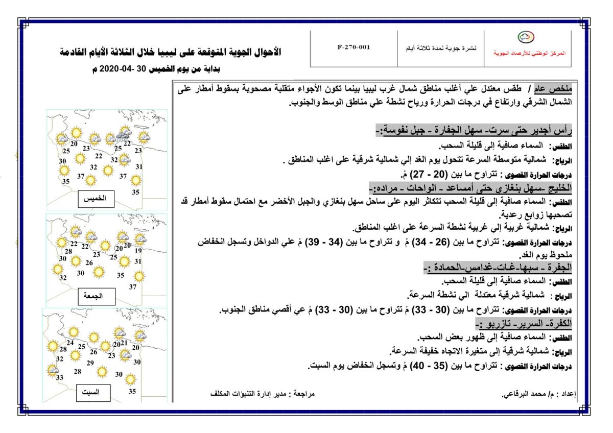 النشرة الجوية ليوم الخميس الموافق 30 – 04 – 2020 الصادرة عن المركز الوطني للأرصاد الجوية