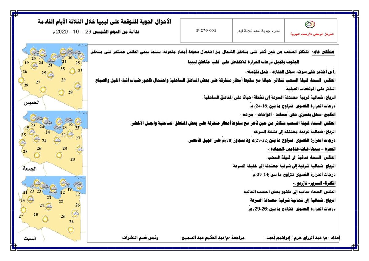 النشرة الجوية ليوم الخميس الموافق 29 – 10 – 2020 الصادرة عن المركز الوطني للأرصاد الجوية