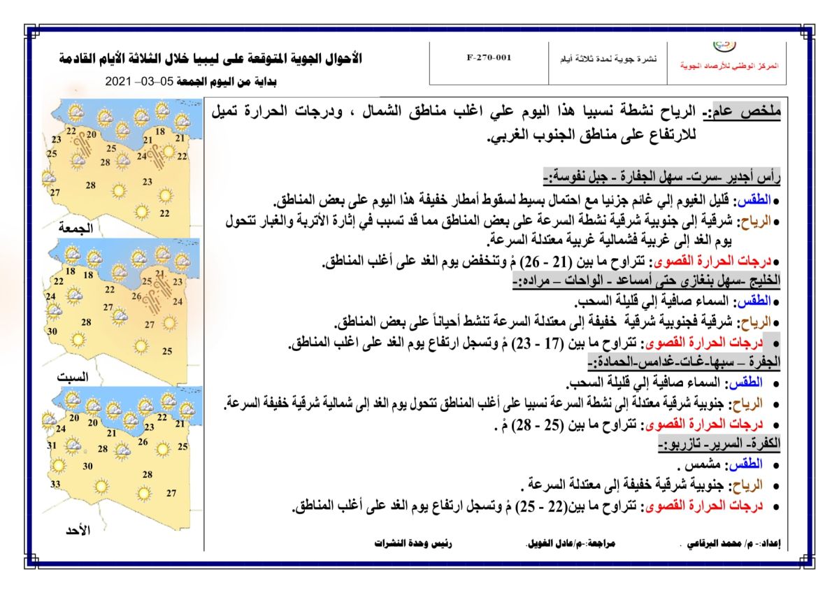 النشرة الجوية ليوم الجمعة الموافق 05 – 03 – 2021 الصادرة عن المركز الوطني للأرصاد الجوية