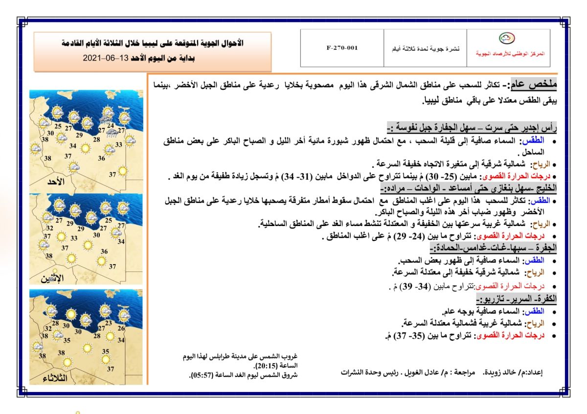 النشرة الجوية ليوم الأحد الموافق 13 – 06 – 2021 الصادرة عن المركز الوطني للأرصاد الجوية