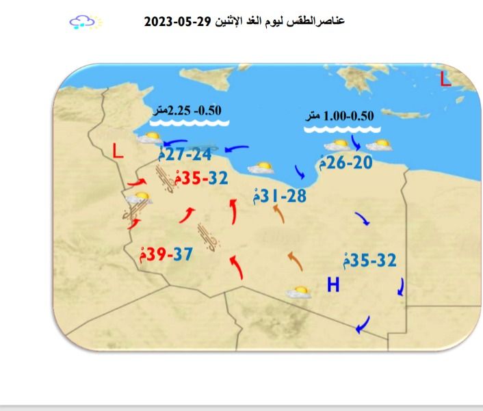 النشرة الجوية ليوم الأحد الموافق 28 – 05 – 2023 الصادرة عن المركز الوطني للأرصاد الجوية