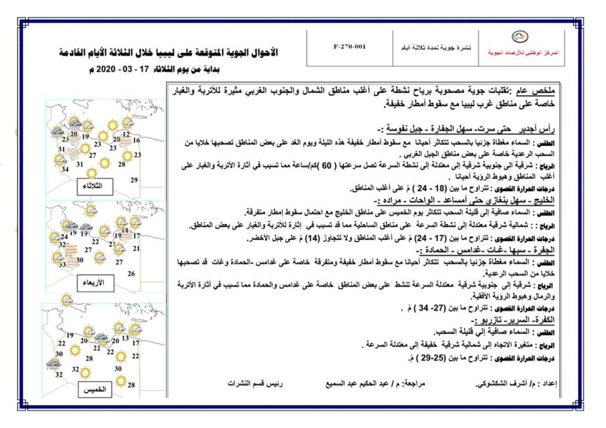 النشرة الجوية ليوم الثلاثاء الموافق 17 – 03 – 2020 الصادرة عن المركز الوطني للأرصاد الجوية