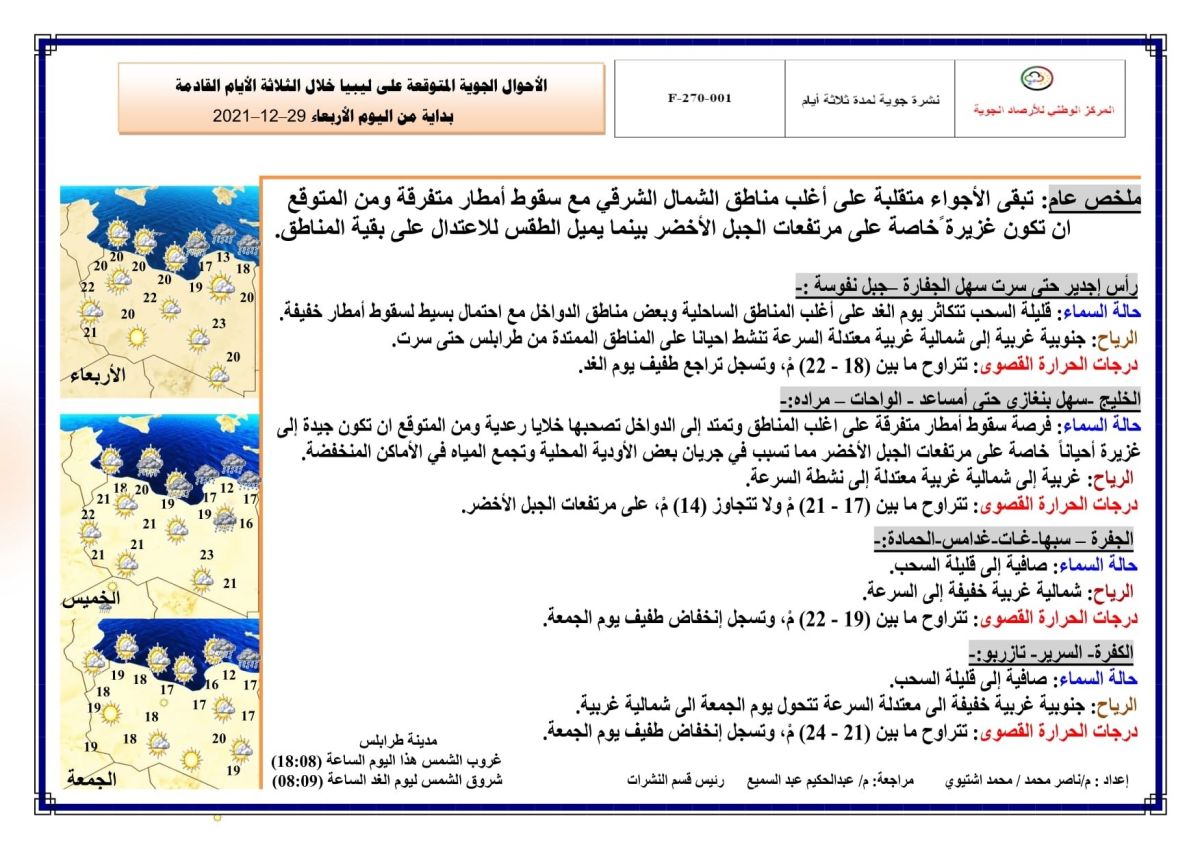 النشرة الجوية ليوم الإربعاء الموافق 29 – 12 – 2021 الصادرة عن المركز الوطني للأرصاد الجوية