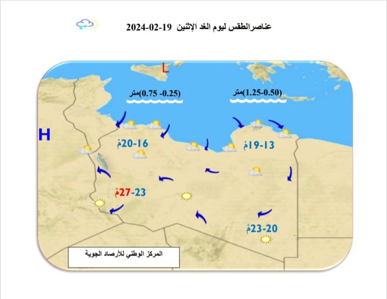 النشرة الجوية ليوم الأحد الموافق 18– 02– 2024 الصادرة عن المركز الوطني للأرصاد الجوية