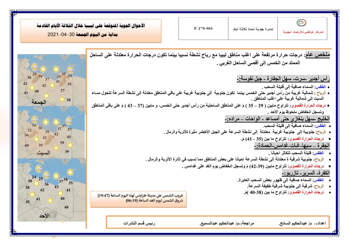 النشرة الجوية ليوم الجمعة الموافق 30 – 04 – 2021 الصادرة عن المركز الوطني للأرصاد الجوية