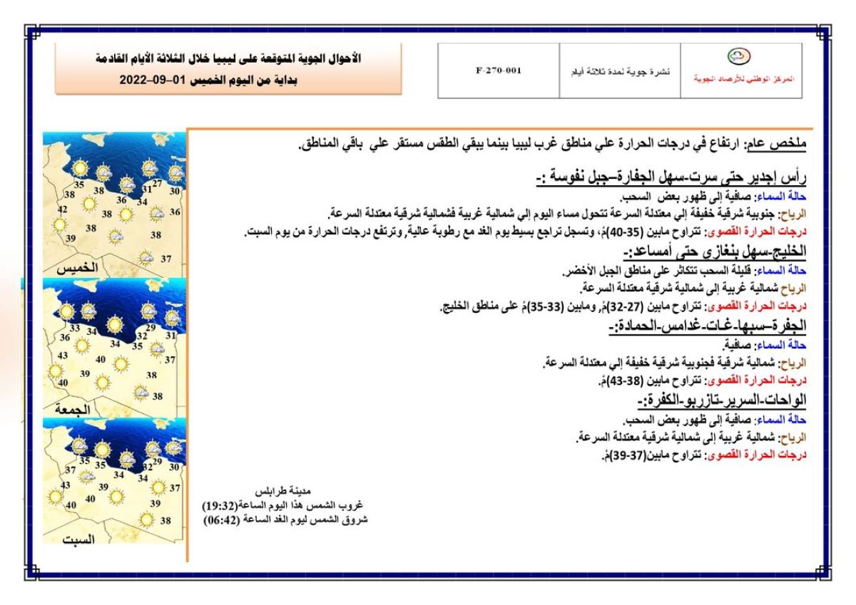 النشرة الجوية ليوم الخميس الموافق 1 – 09 – 2022 الصادرة عن المركز الوطني للأرصاد الجوية