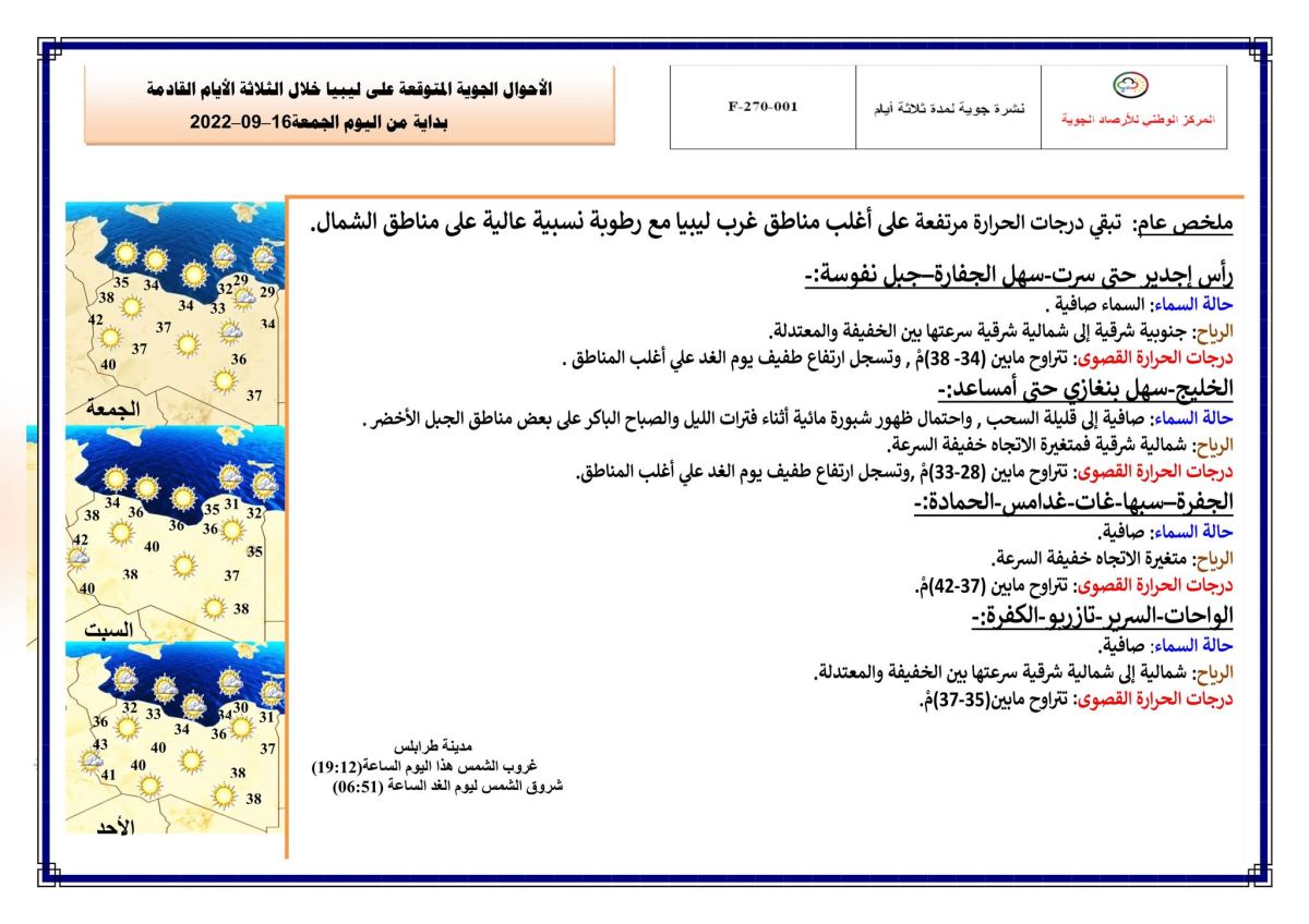 النشرة الجوية ليوم الجمعة الموافق 16 – 09 – 2022 الصادرة عن المركز الوطني للأرصاد الجوية