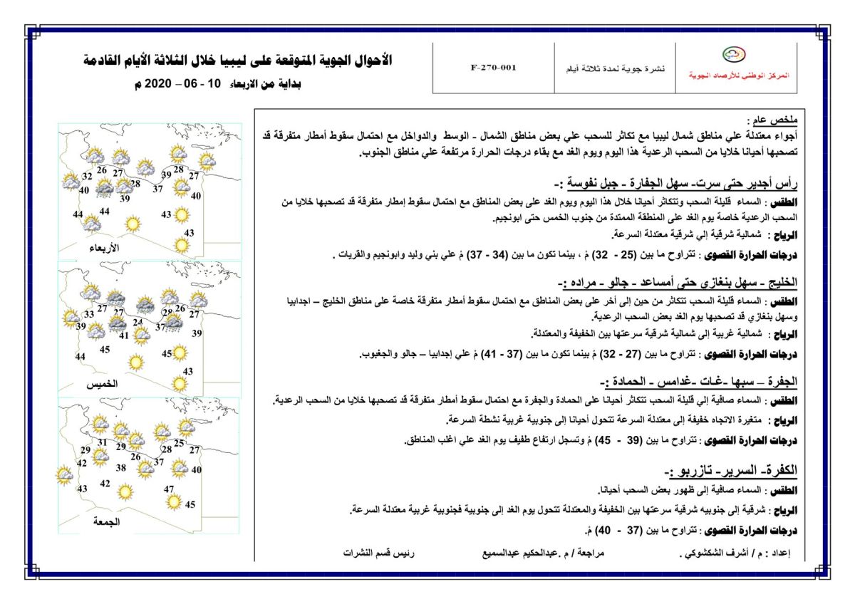 النشرة الجوية ليوم الإربعاء الموافق 10 – 06 – 2020 الصادرة عن المركز الوطني للأرصاد الجوية