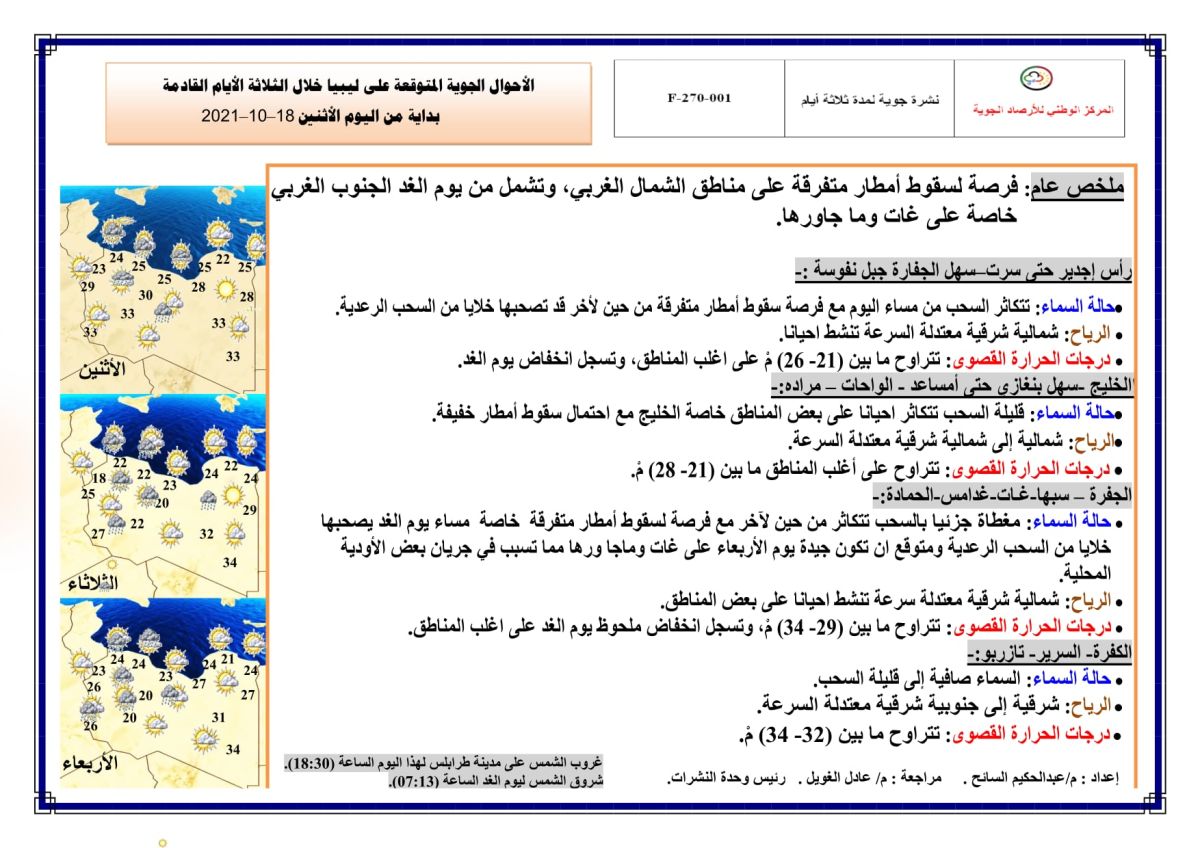 النشرة الجوية ليوم الاثنين الموافق 18– 10 – 2021 الصادرة عن المركز الوطني للأرصاد الجوية