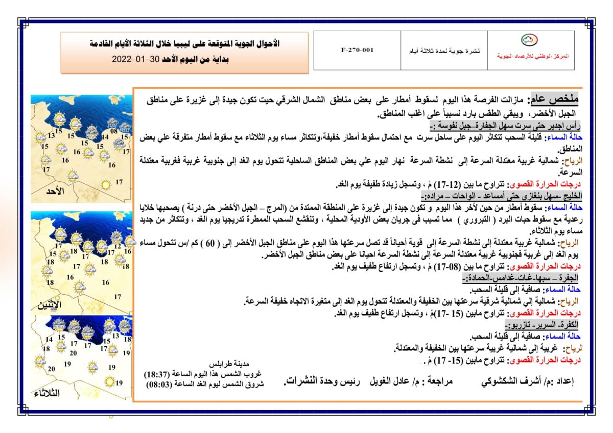 النشرة الجوية ليوم الأحد الموافق 30 – 01 – 2022 الصادرة عن المركز الوطني للأرصاد الجوية