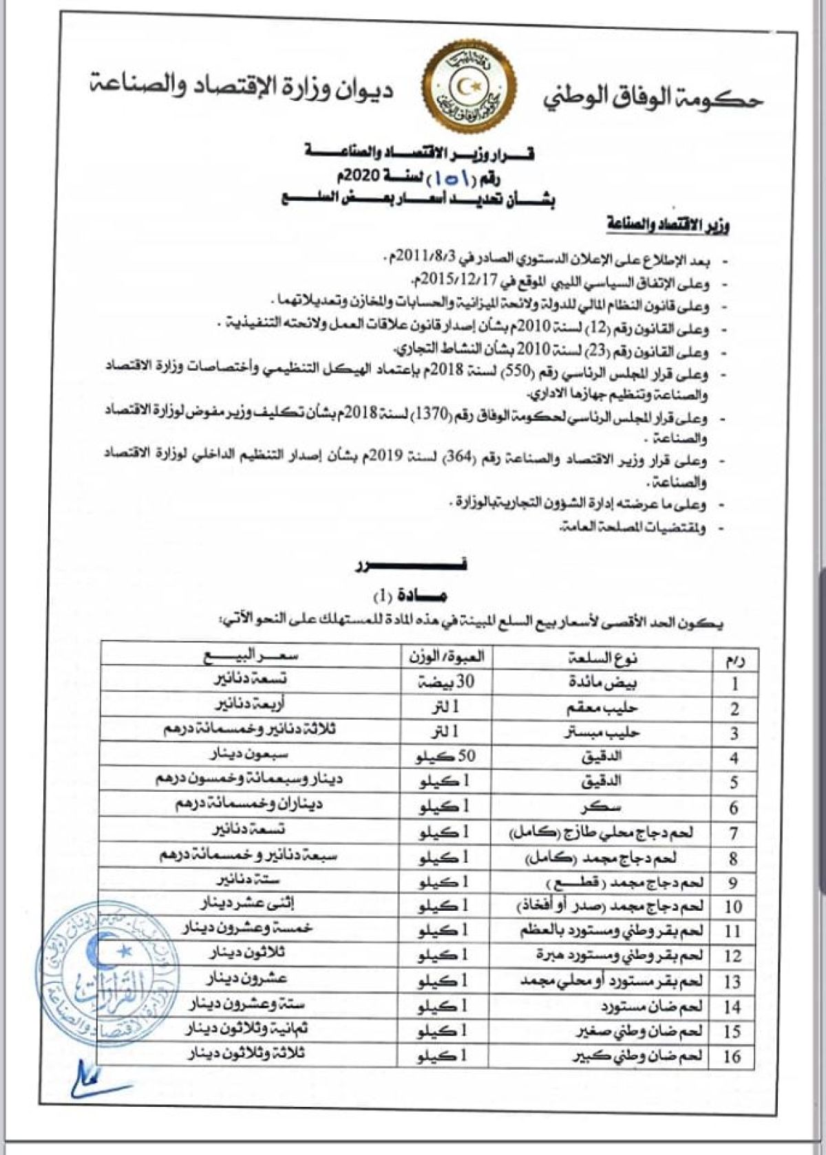 وزير الاقتصاد يحدد أسعار بعض السلع الغذائية