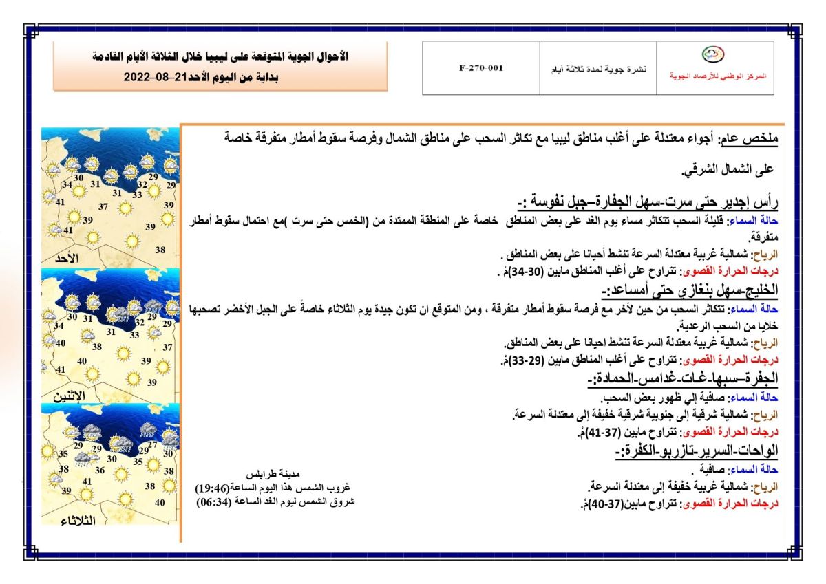 النشرة الجوية ليوم الأحد الموافق 21 – 08 – 2022 الصادرة عن المركز الوطني للأرصاد الجوية