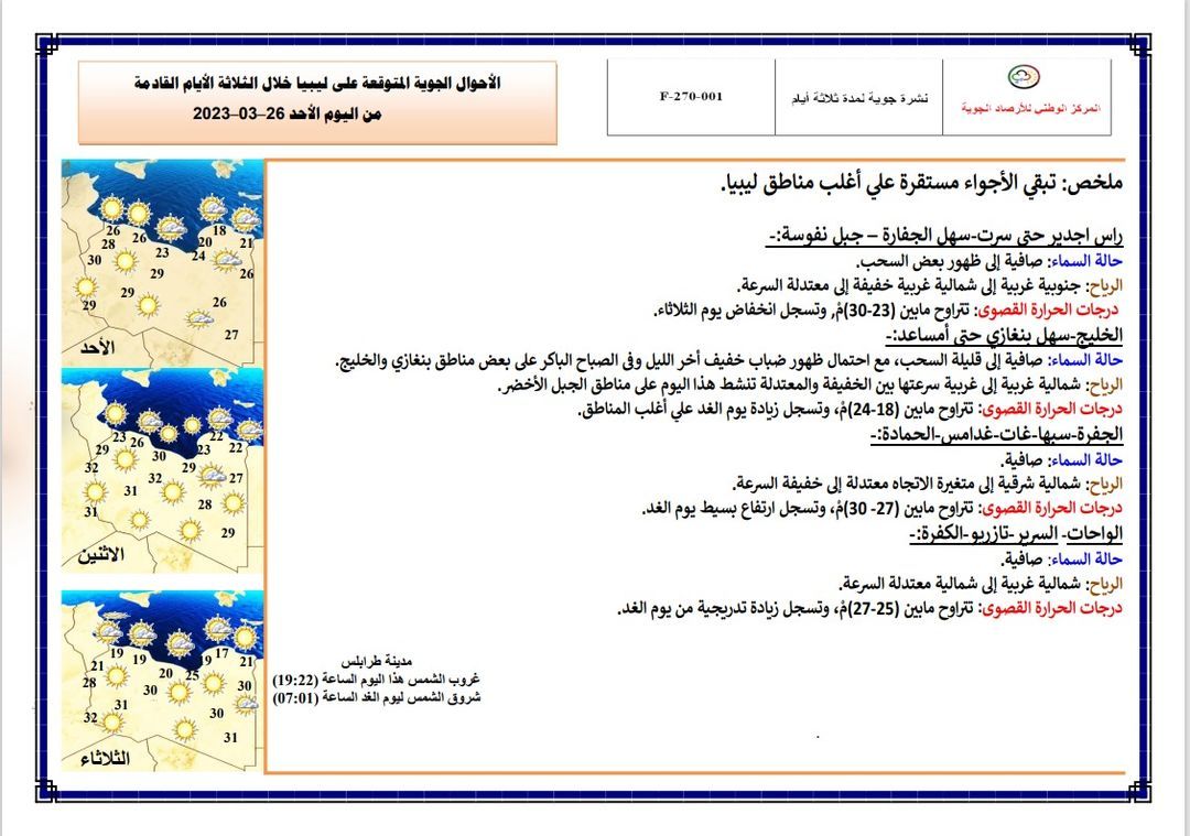 النشرة الجوية ليوم الأحد الموافق 26– 03 – 2023 الصادرة عن المركز الوطني للأرصاد الجوية