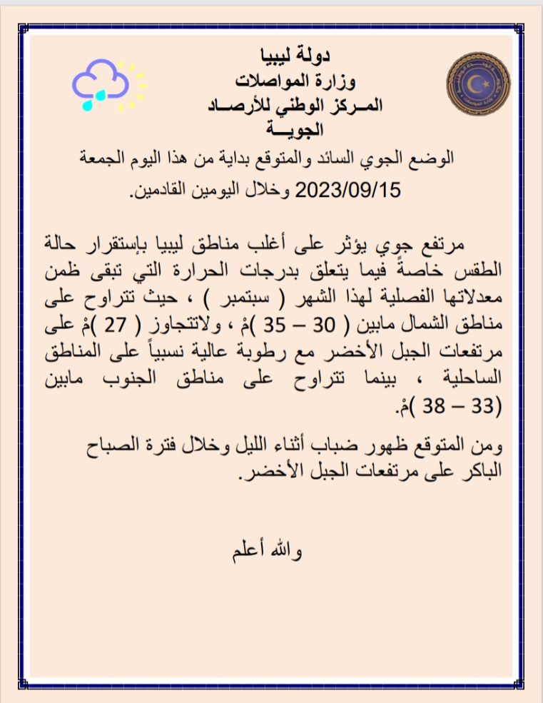 النشرة الجوية ليوم الجمعة الموافق 15 – 09 – 2023 الصادرة عن المركز الوطني للأرصاد الجوية