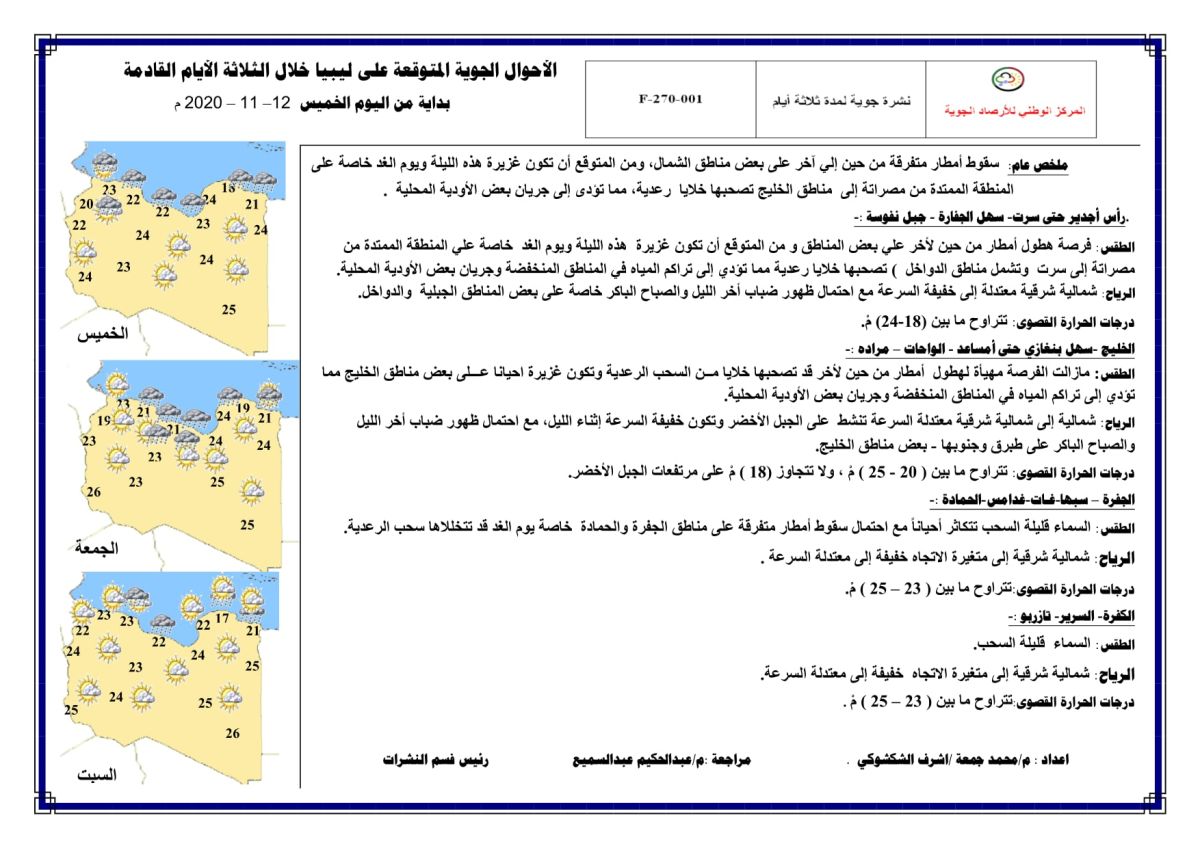 النشرة الجوية ليوم الخميس الموافق 12 – 11 – 2020 الصادرة عن المركز الوطني للأرصاد الجوية