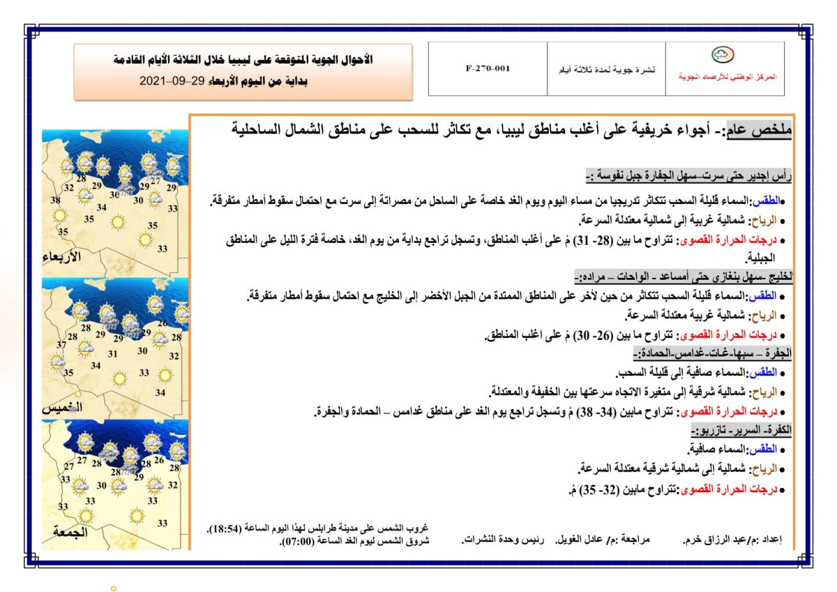 النشرة الجوية ليوم الإربعاء الموافق 29– 09 – 2021 الصادرة عن المركز الوطني للأرصاد الجوية