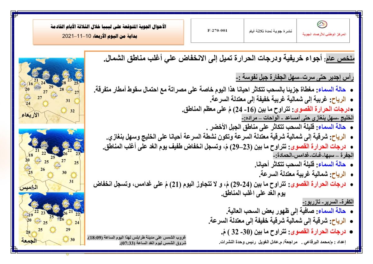 النشرة الجوية ليوم الإربعاء الموافق 10 – 11 – 2021 الصادرة عن المركز الوطني للأرصاد الجوية