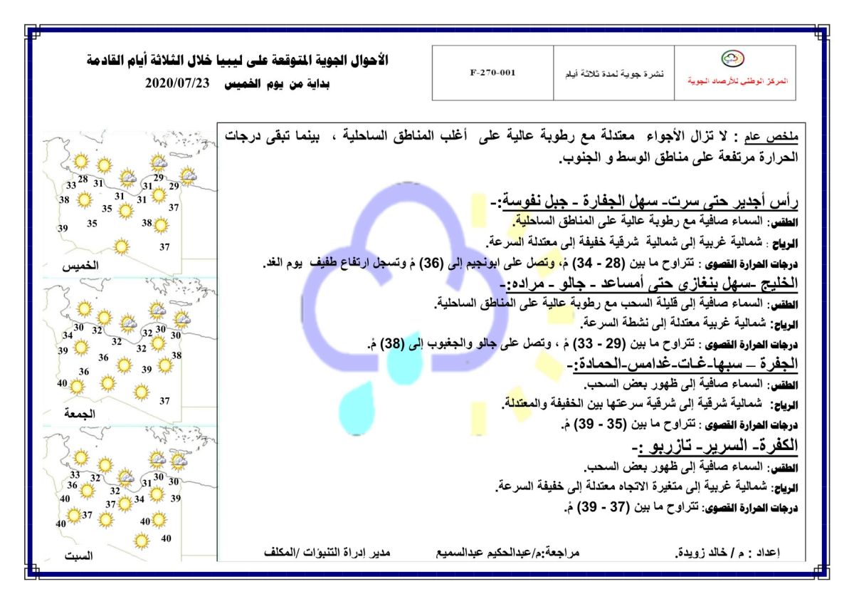 النشرة الجوية ليوم الخميس الموافق 23 – 07 – 2020 الصادرة عن المركز الوطني للأرصاد الجوية
