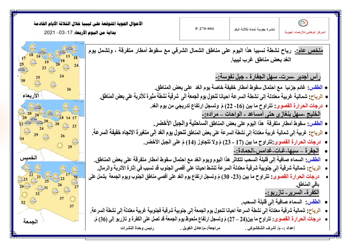 النشرة الجوية ليوم الإربعاء الموافق 17 – 03 – 2021 الصادرة عن المركز الوطني للأرصاد الجوية