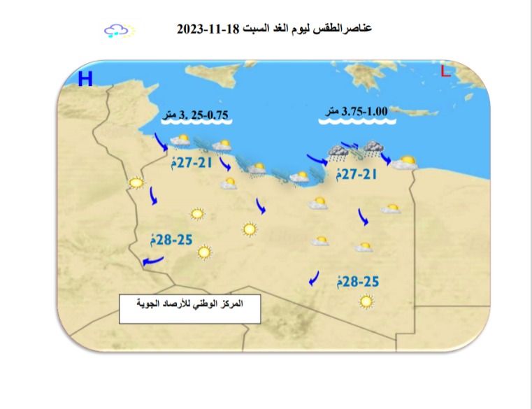 النشرة الجوية ليوم الجمعة الموافق 17 – 11– 2023 الصادرة عن المركز الوطني للأرصاد الجوية