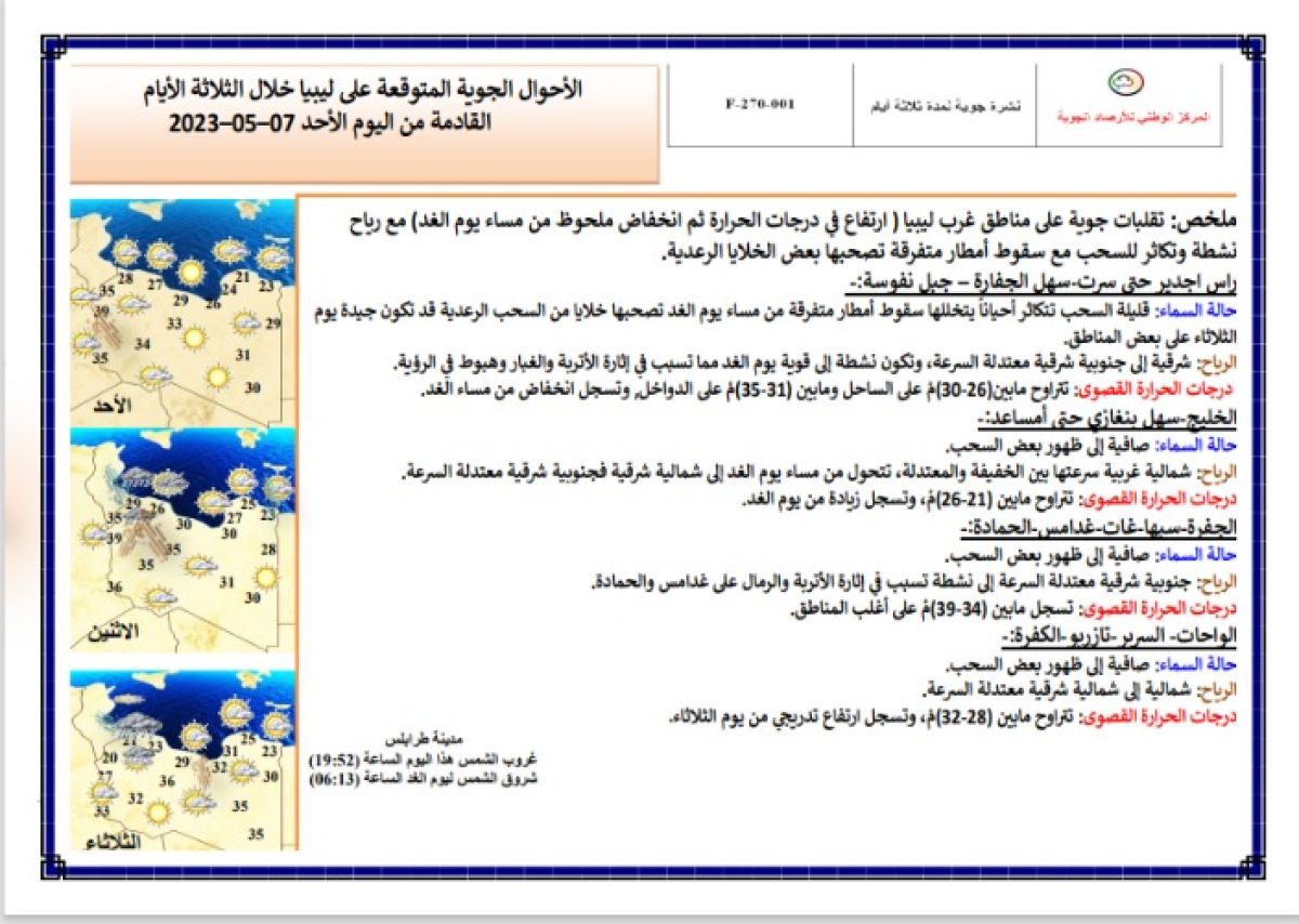 النشرة الجوية ليوم الأحد الموافق 07 – 05 – 2023 الصادرة عن المركز الوطني للأرصاد الجوية