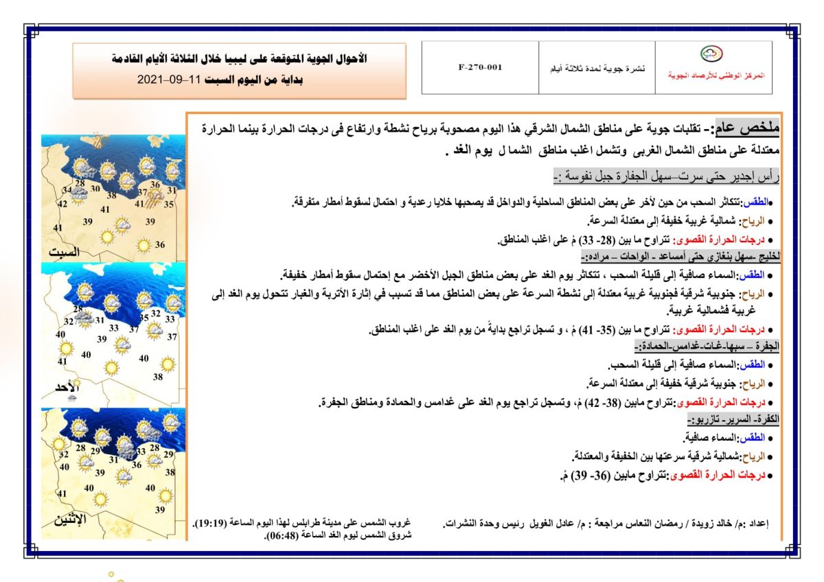 النشرة الجوية ليوم السبت الموافق 11– 09 – 2021 الصادرة عن المركز الوطني للأرصاد الجوية