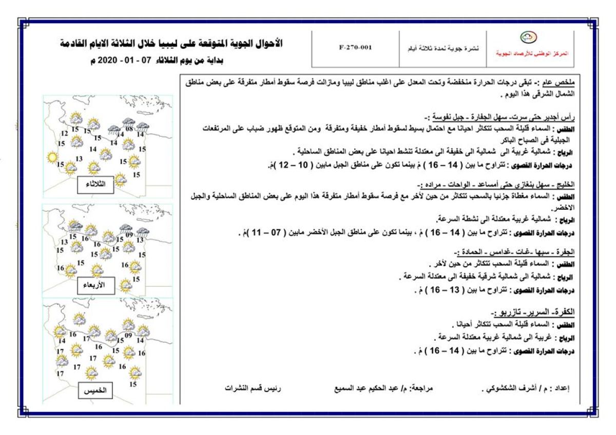 النشرة الجوية ليوم الثلاثاء الموافق 07 – 01 – 2020 الصادرة عن المركز الوطني للأرصاد الجوية