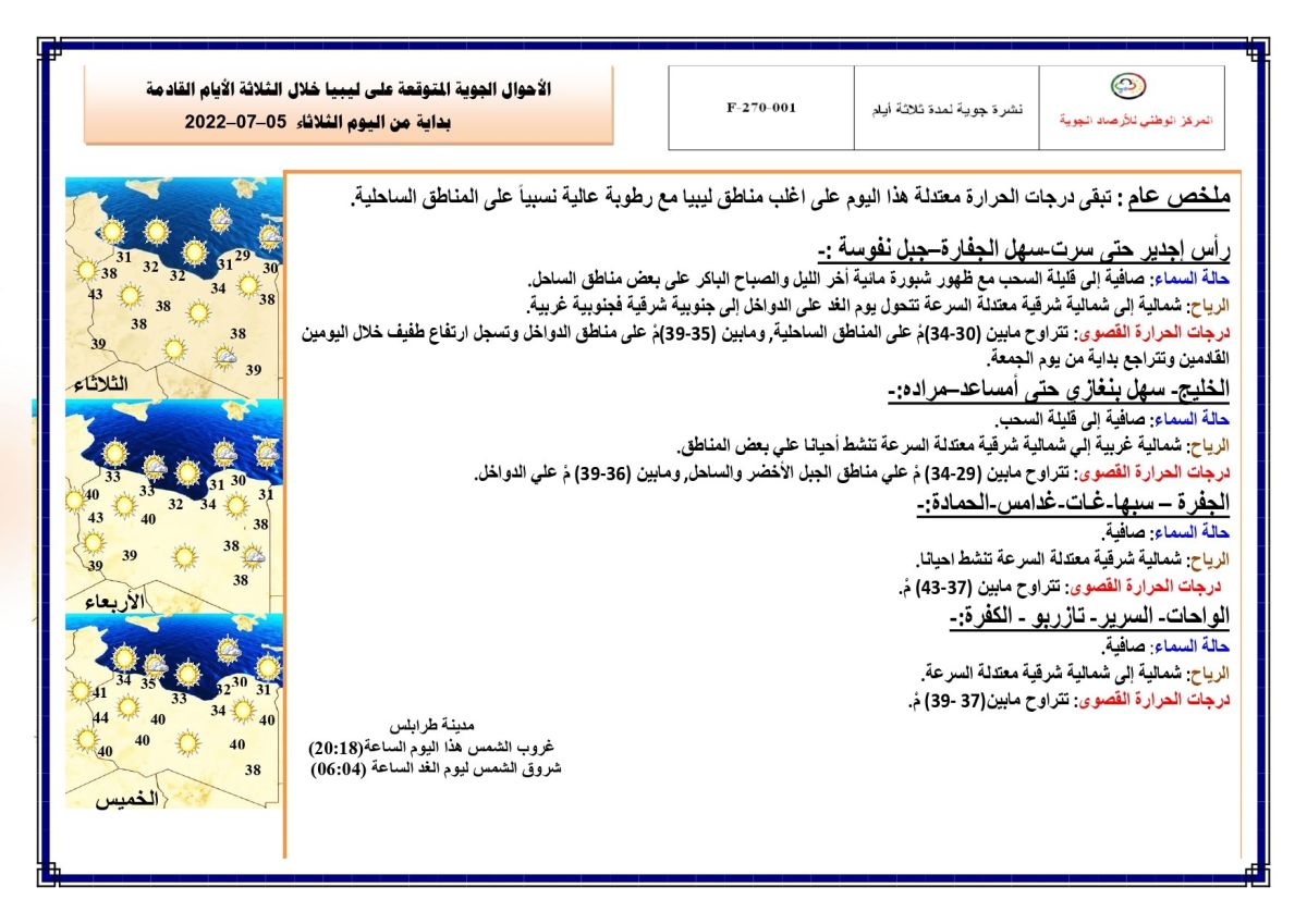 النشرة الجوية ليوم الثلاثاء الموافق 05– 07 – 2022 الصادرة عن المركز الوطني للأرصاد الجوية