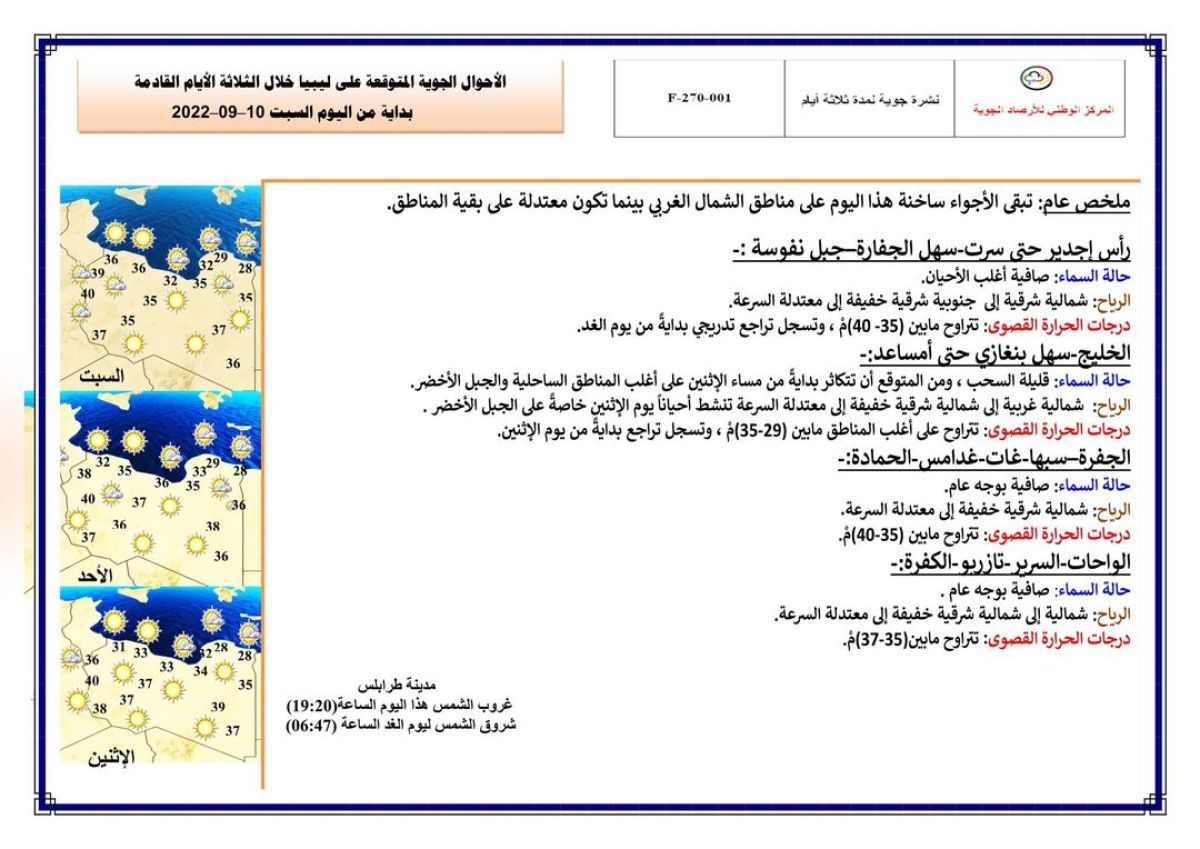 النشرة الجوية ليوم السبت الموافق 10 – 09 – 2022 الصادرة عن المركز الوطني للأرصاد الجوية