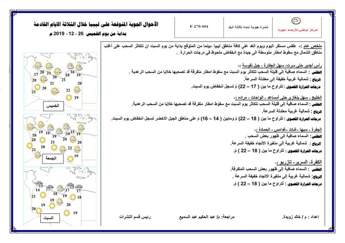 النشرة الجوية ليوم الخميس الموافق 26 – 12 – 2019 الصادرة عن المركز الوطني للأرصاد الجوية