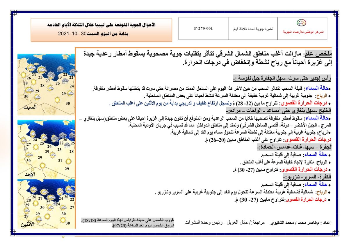 النشرة الجوية ليوم السبت الموافق 30 – 10 – 2021 الصادرة عن المركز الوطني للأرصاد الجوية