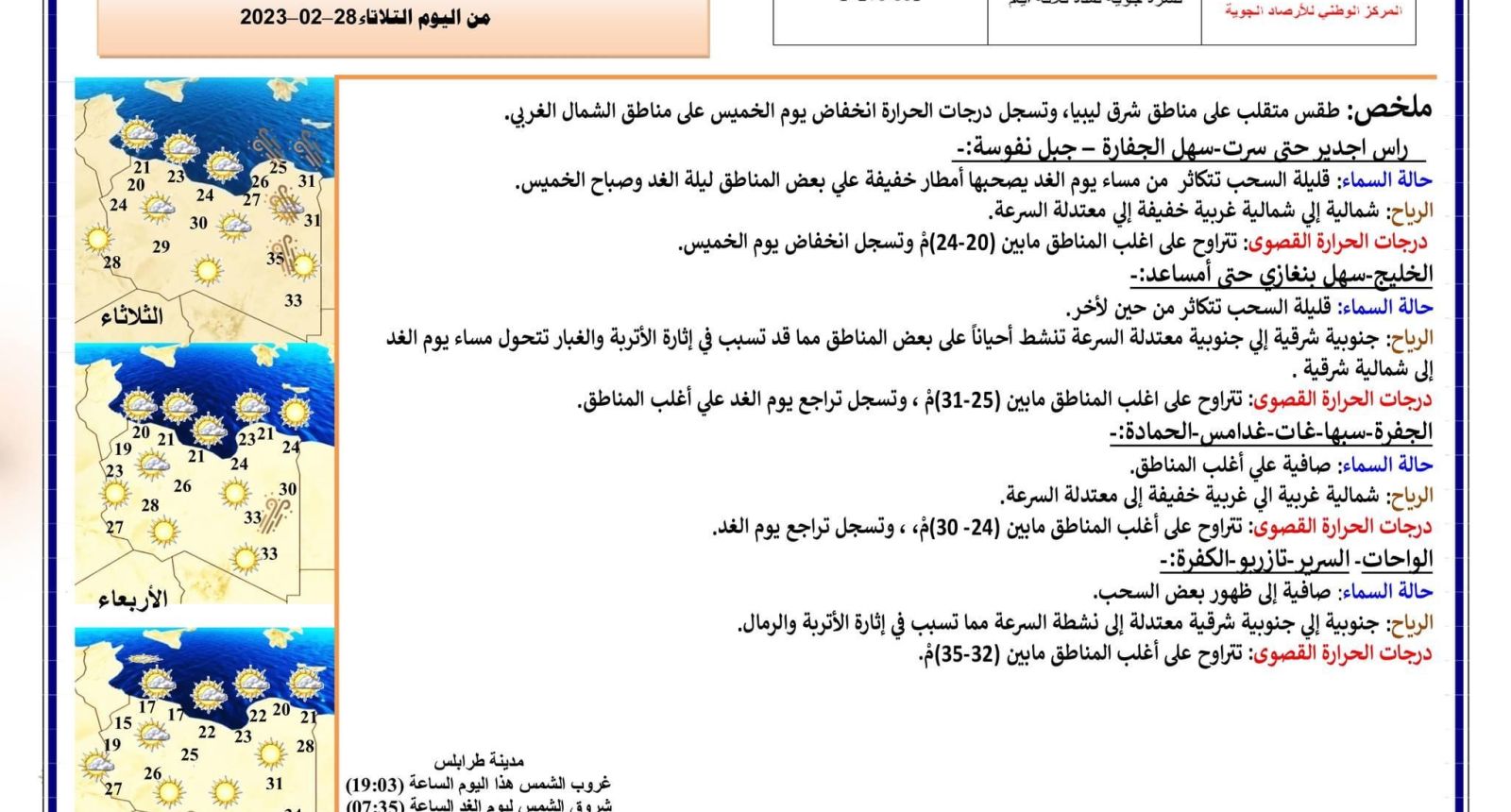 النشرة الجوية ليوم الثلاثاء الموافق 28 – 02 – 2023 الصادرة عن المركز الوطني للأرصاد الجوية