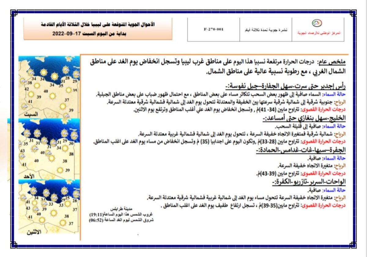 النشرة الجوية ليوم السبت الموافق 17 – 09 – 2022 الصادرة عن المركز الوطني للأرصاد الجوية