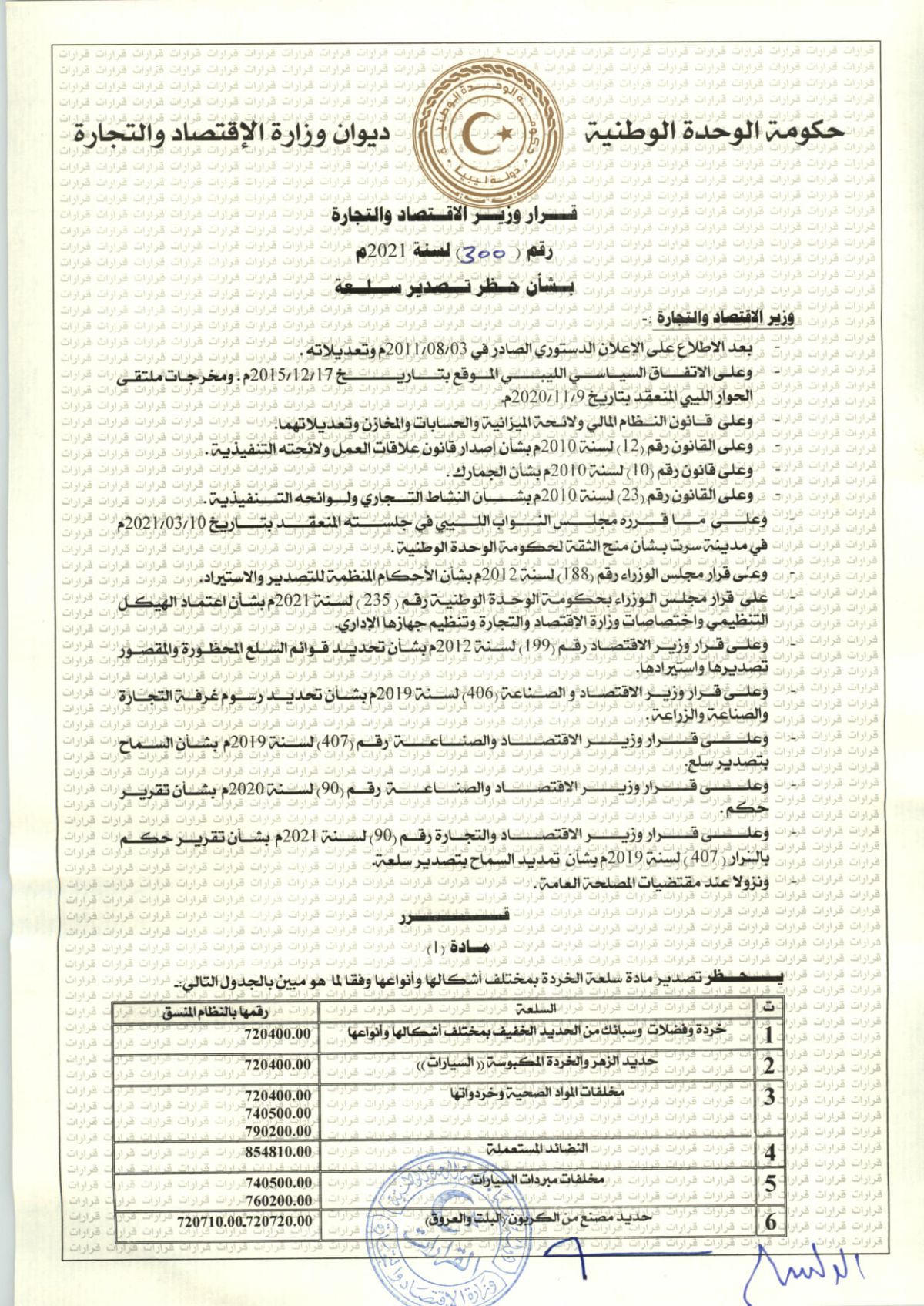 وزير الاقتصاد والتجارة يصدر القرار رقم (300) لسنة 2021 بشأن حظر تصدير الخردة