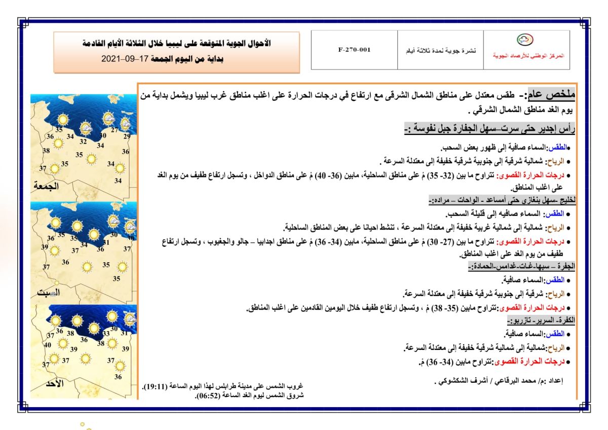 النشرة الجوية ليوم الجمعة الموافق 17– 09 – 2021 الصادرة عن المركز الوطني للأرصاد الجوية