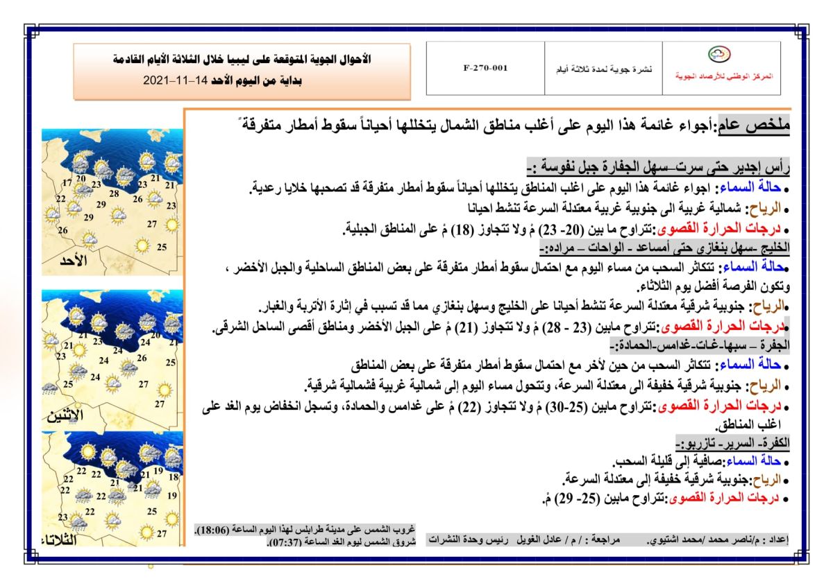 النشرة الجوية ليوم الأحد الموافق 14 – 11 – 2021 الصادرة عن المركز الوطني للأرصاد الجوية