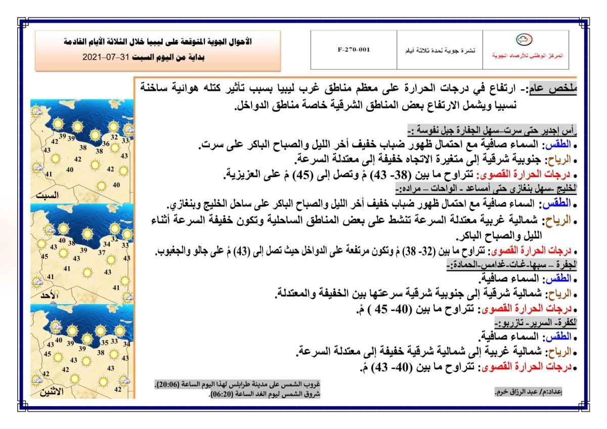 النشرة الجوية ليوم السبت الموافق 31 – 07 – 2021 الصادرة عن المركز الوطني للأرصاد الجوية