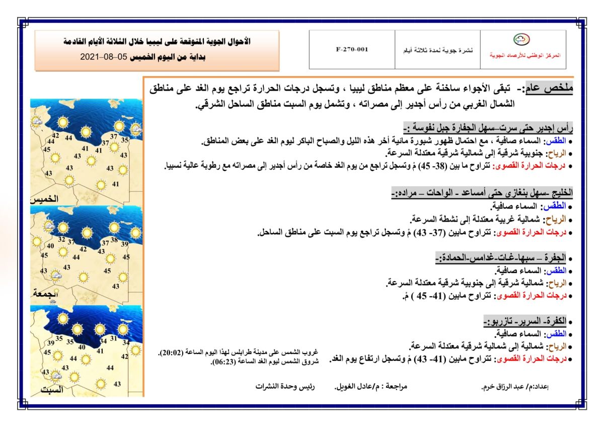 النشرة الجوية ليوم الخميس الموافق 05 – 08 – 2021 الصادرة عن المركز الوطني للأرصاد الجوية